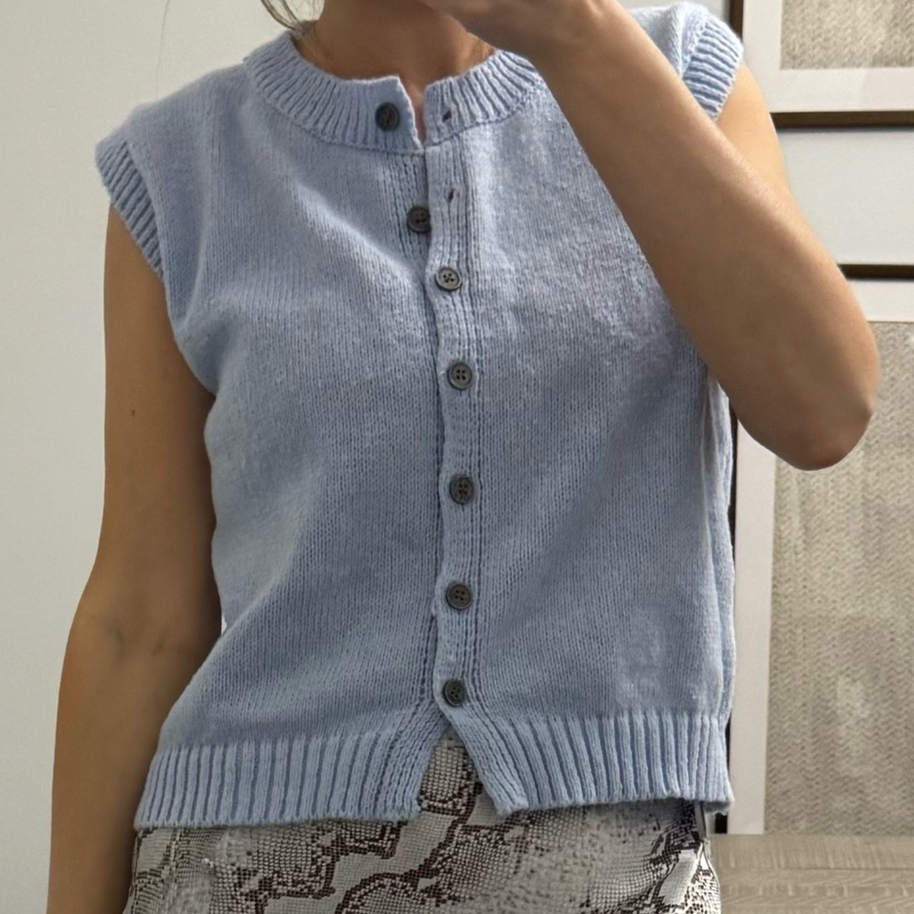 Light Blue Sleeveless Short Sleeve Button-Up Sweater Vest